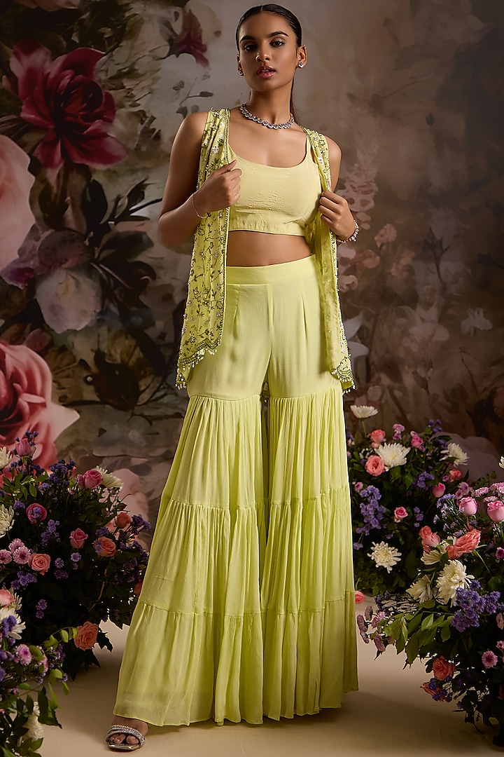 Lime Green Chiffon Sharara Set by Saniya Sharma at Pernia's Pop Up Shop