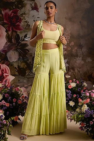 Lime Green Chiffon Sharara Set by Saniya Sharma