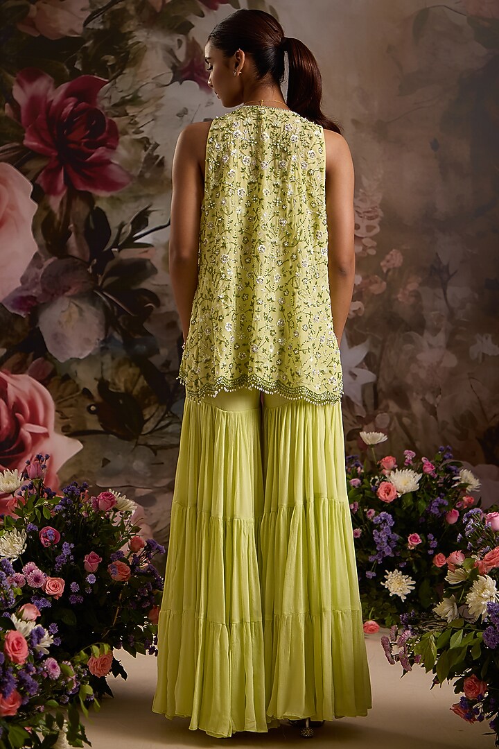 Lime Green Chiffon Wedding Sharara Set by Saniya Sharma at Pernia's Pop Up Shop