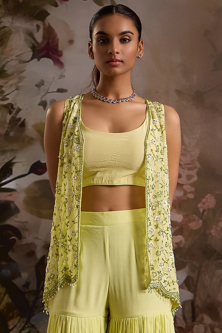 Lime Green Chiffon Wedding Sharara Set by Saniya Sharma at Pernia's Pop Up Shop