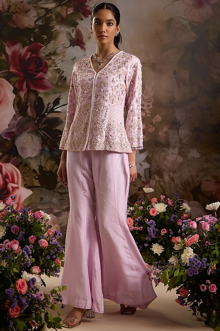 Lilac Silk Hand Embroidered Jacket Set by Saniya Sharma at Pernia's Pop Up Shop