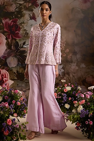 Lilac Silk Hand Embroidered Jacket Set by Saniya Sharma