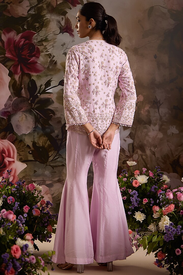 Lilac Silk Hand Embroidered Jacket Set by Saniya Sharma at Pernia's Pop Up Shop