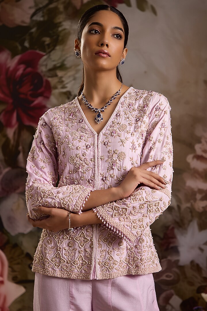 Lilac Silk Hand Embroidered Jacket Set by Saniya Sharma at Pernia's Pop Up Shop