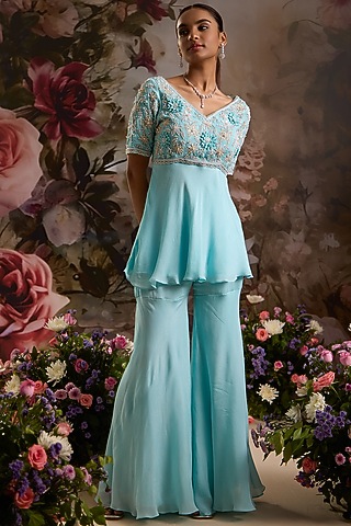 Powder Blue Chiffon Pant Set by Saniya Sharma