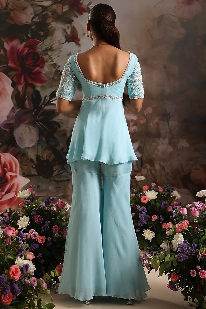 Powder Blue Chiffon Pant Set by Saniya Sharma at Pernia's Pop Up Shop