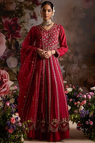 Red Silk Hand Embroidered Anarkali Set by Saniya Sharma