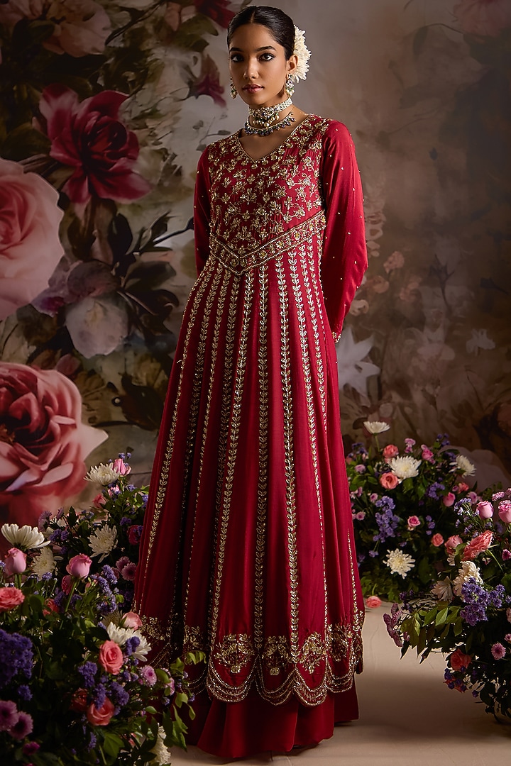 Red Silk Hand Embroidered Wedding Anarkali Set by Saniya Sharma at Pernia's Pop Up Shop
