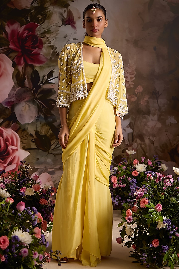 Yellow Chiffon Pre-Draped Saree Set by Saniya Sharma at Pernia's Pop Up Shop