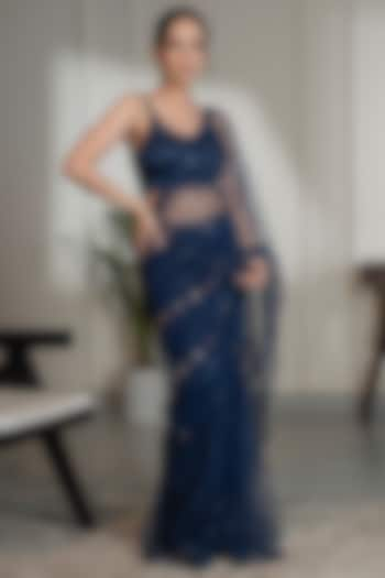 Midnight Blue Net Crystal & Sequins Embellished Pre-Draped Saree Set by Saniya Sharma at Pernia's Pop Up Shop