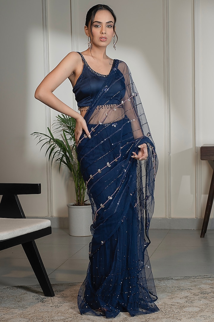 Midnight Blue Net Crystal & Sequins Embellished Pre-Draped Saree Set by Saniya Sharma at Pernia's Pop Up Shop