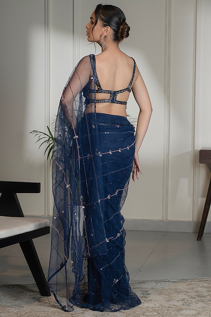 Midnight Blue Net Crystal & Sequins Embellished Pre-Draped Wedding Saree Set by Saniya Sharma at Pernia's Pop Up Shop