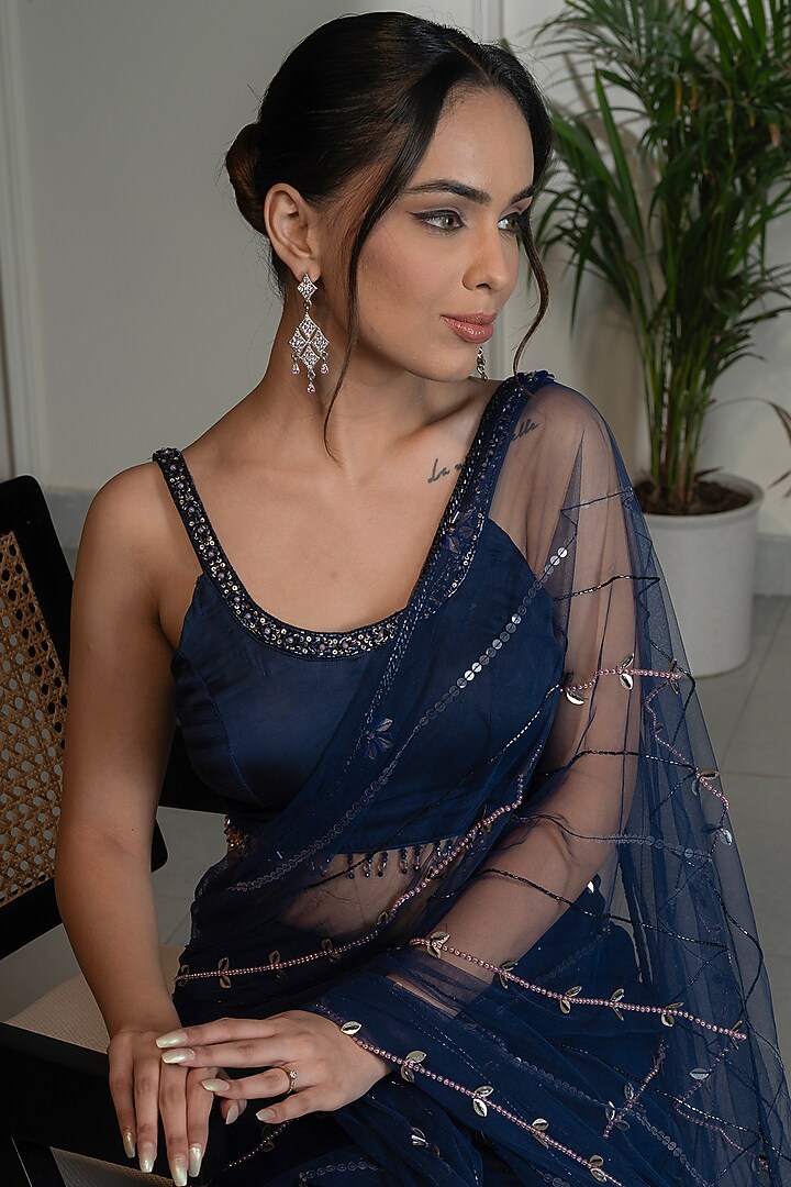 Midnight Blue Net Crystal & Sequins Embellished Pre-Draped Wedding Saree Set by Saniya Sharma at Pernia's Pop Up Shop