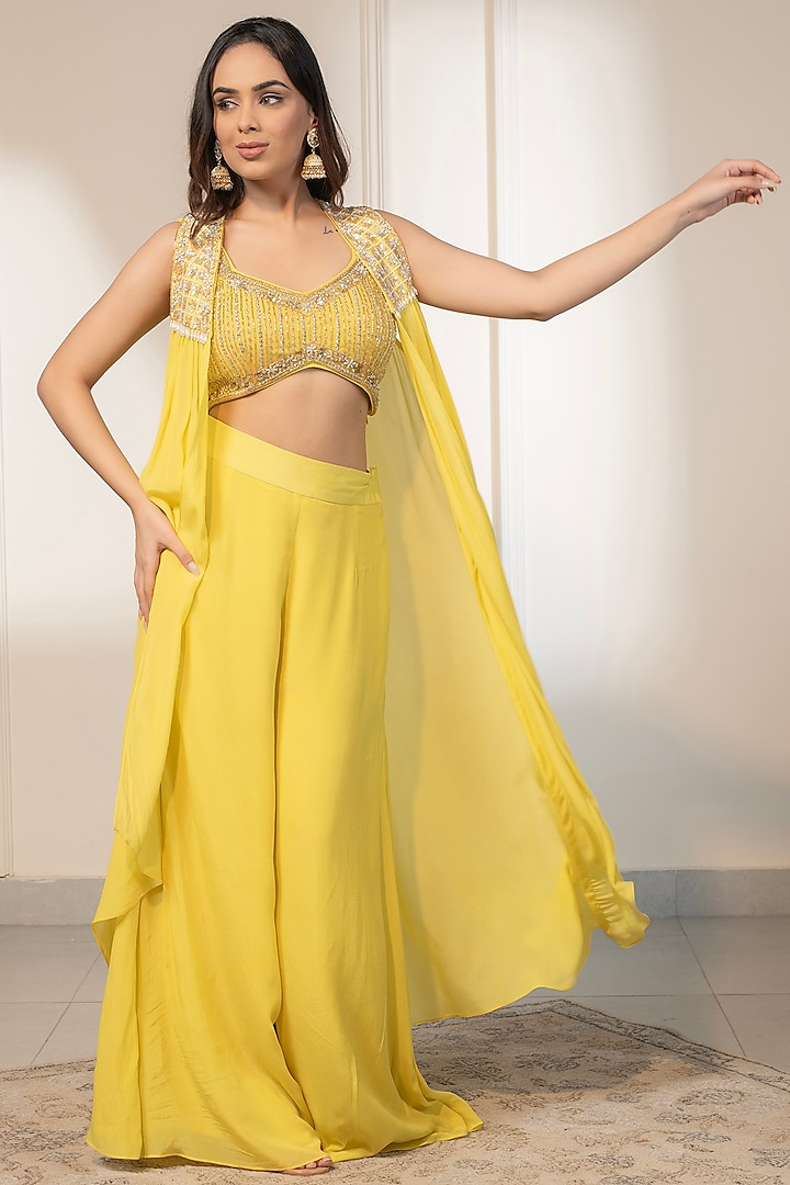 Yellow Crepe Sequins Embellished Cape Set by Saniya Sharma at Pernia's Pop Up Shop