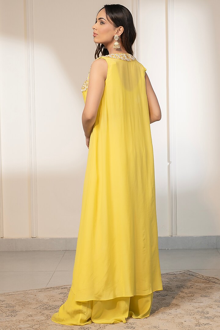 Yellow Crepe Sequins Embellished Cape Set by Saniya Sharma at Pernia's Pop Up Shop