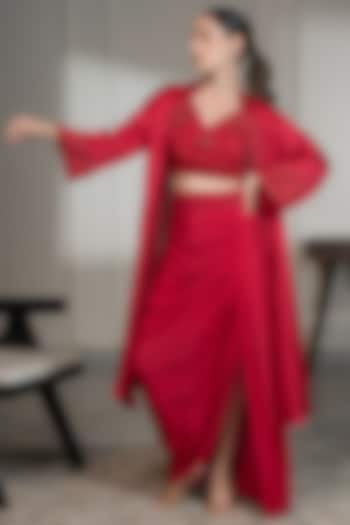 Red Satin Crepe Embellished Cape Set by Saniya Sharma at Pernia's Pop Up Shop