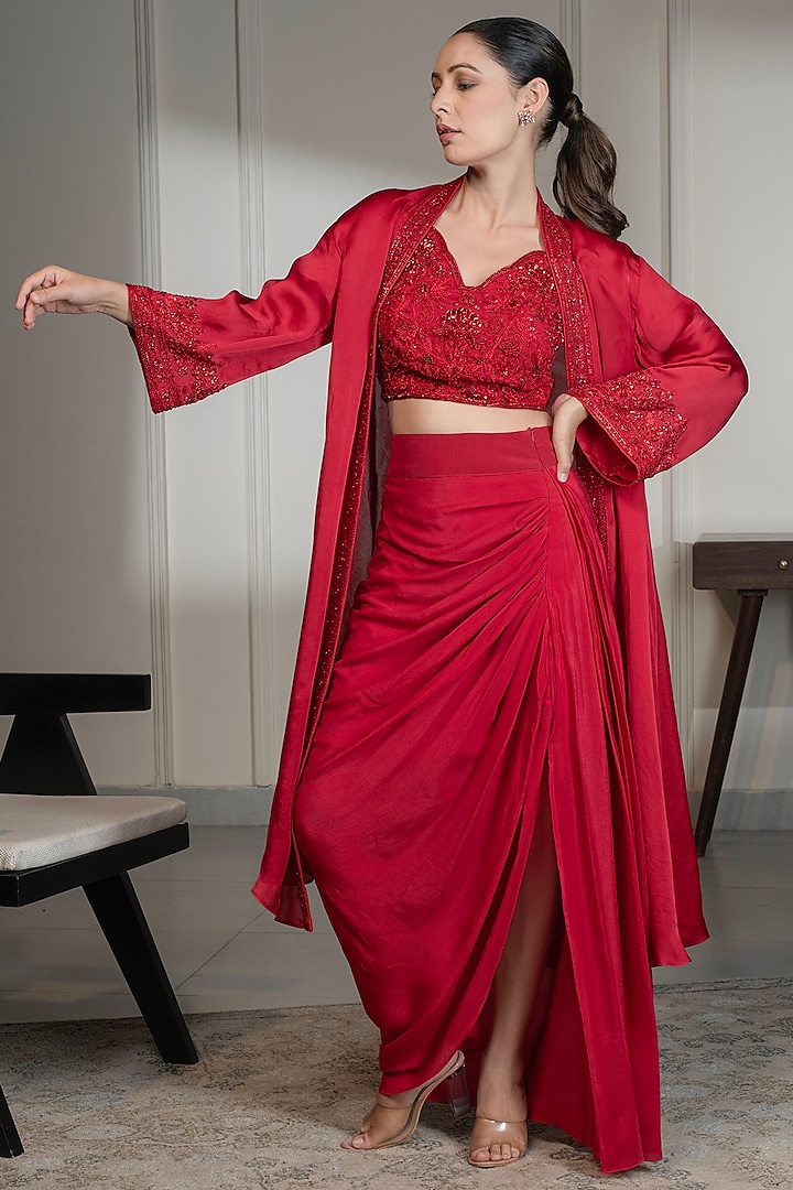 Red Satin Crepe Embellished Cape Set by Saniya Sharma at Pernia's Pop Up Shop