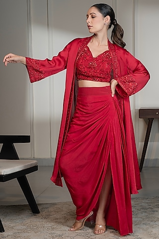 Red Satin Crepe Embellished Cape Set by Saniya Sharma