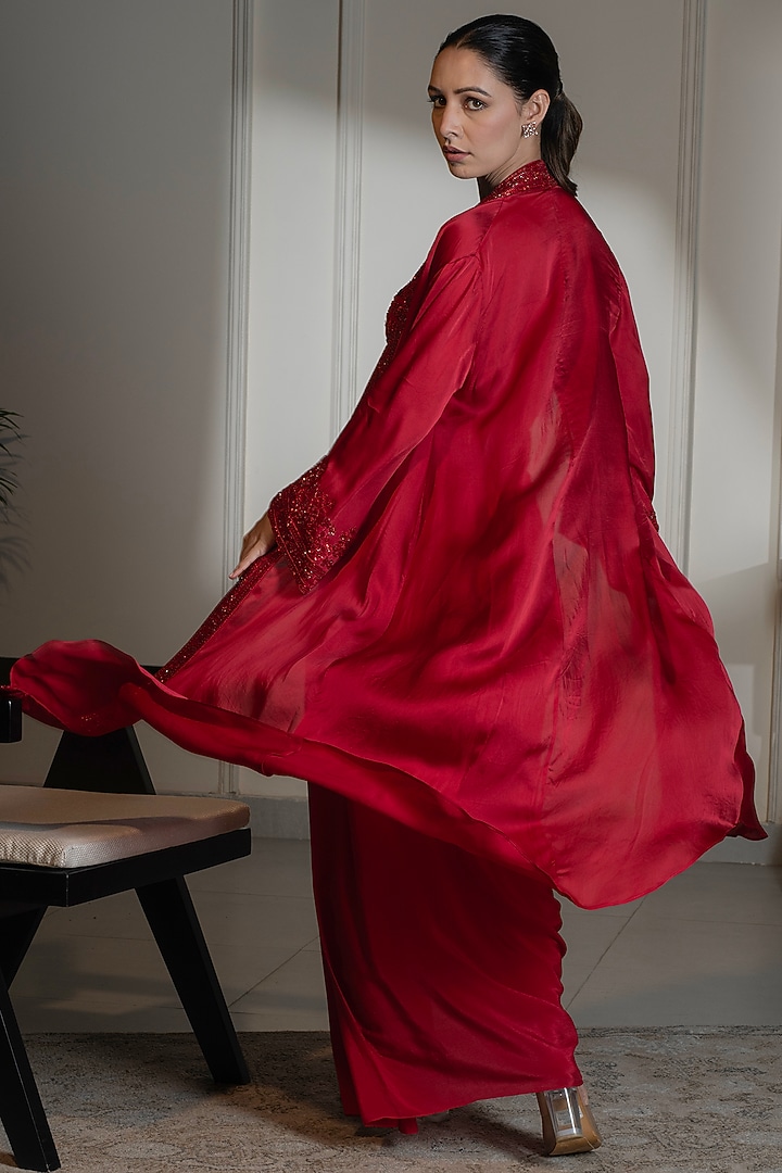 Red Satin Crepe Embellished Cape Set by Saniya Sharma at Pernia's Pop Up Shop