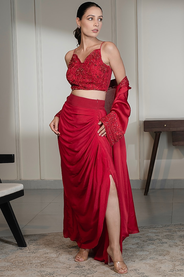 Red Satin Crepe Embellished Cape Set by Saniya Sharma at Pernia's Pop Up Shop
