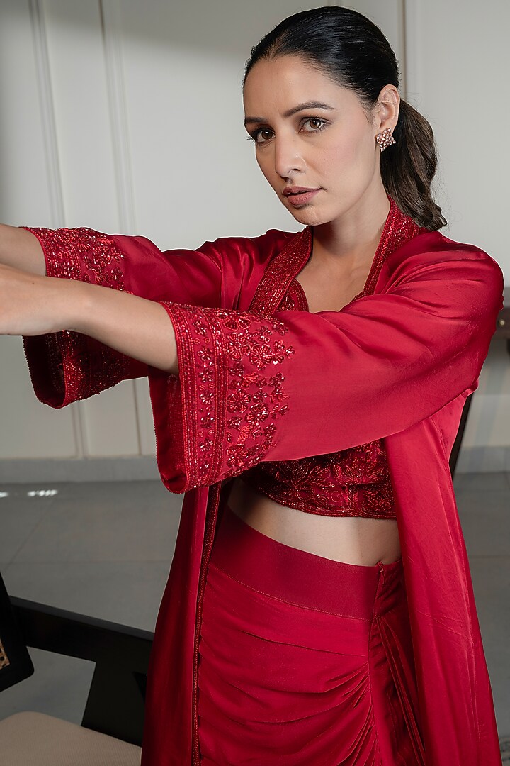 Red Satin Crepe Embellished Cape Set by Saniya Sharma at Pernia's Pop Up Shop