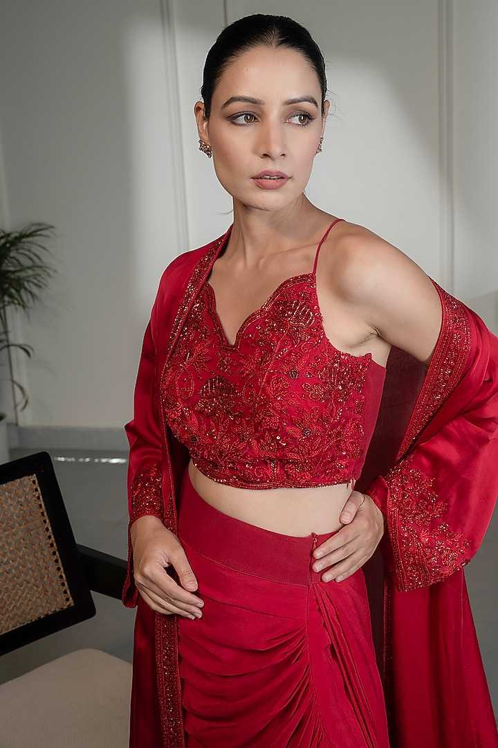 Red Satin Crepe Embellished Cape Set by Saniya Sharma at Pernia's Pop Up Shop