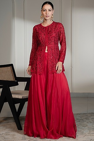 Red Organza Sequins Embellished Jacket Set by Saniya Sharma