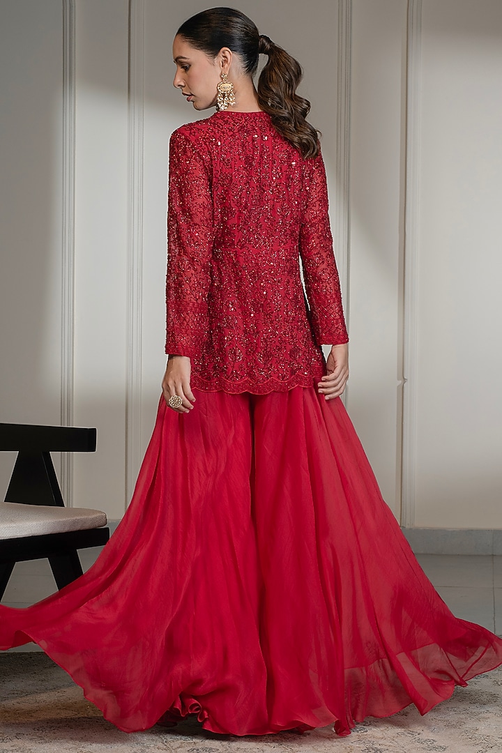 Red Organza Sequins Embellished Jacket Set by Saniya Sharma at Pernia's Pop Up Shop