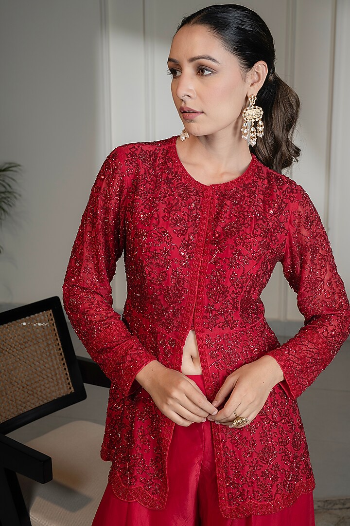 Red Organza Sequins Embellished Jacket Set by Saniya Sharma at Pernia's Pop Up Shop
