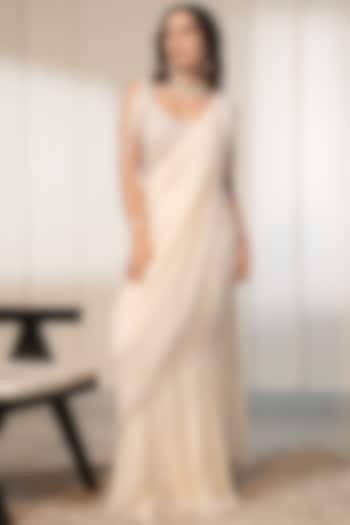 Ivory Georgette Pre-Draped Saree Set by Saniya Sharma at Pernia's Pop Up Shop