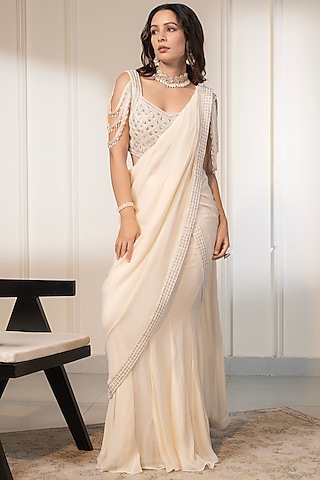Ivory Georgette Pre-Draped Saree Set by Saniya Sharma