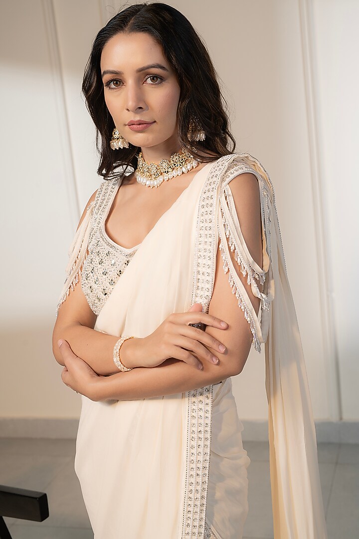 Ivory Georgette Pre-Draped Wedding Saree Set by Saniya Sharma at Pernia's Pop Up Shop