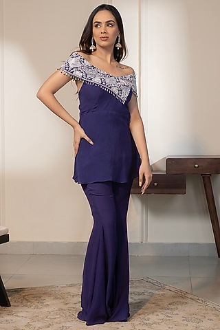 Purple Double Georgette Sequins Embroidered Co-Ord Set by Saniya Sharma
