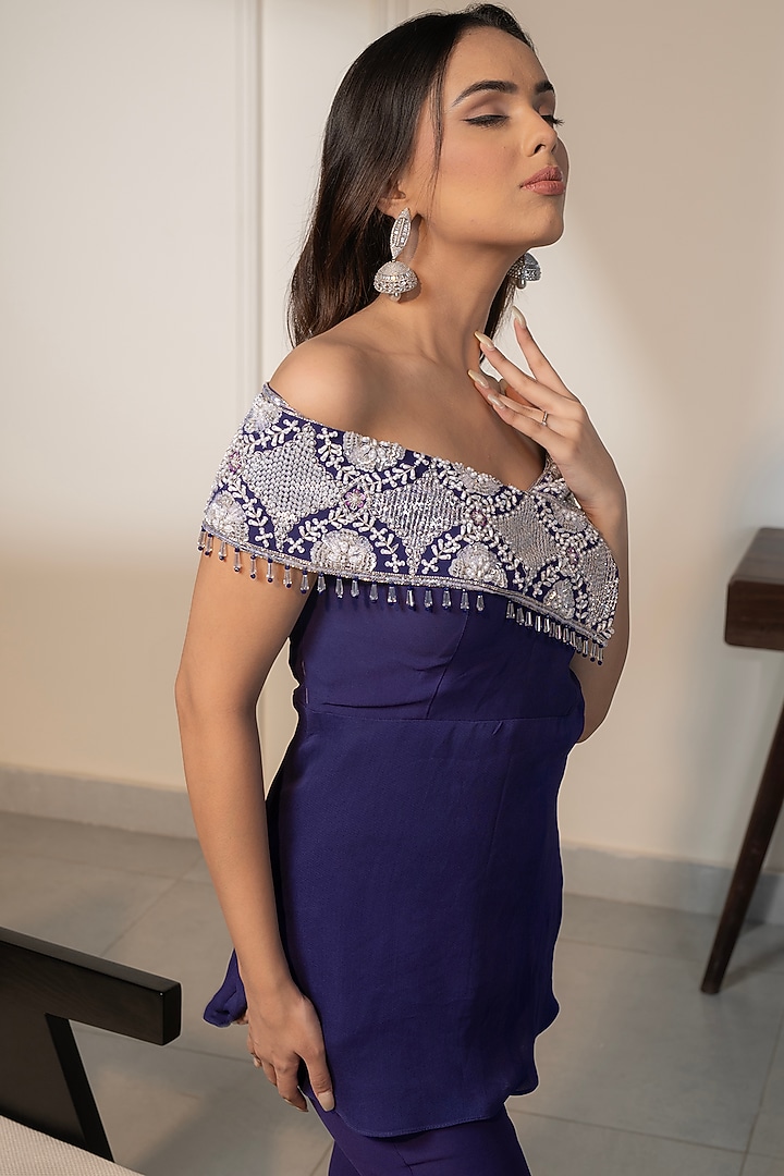 Purple Double Georgette Sequins Embroidered Co-Ord Set by Saniya Sharma at Pernia's Pop Up Shop
