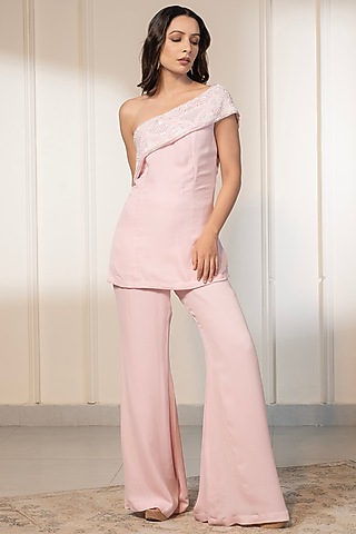 Pink Double Georgette Embellished Co-Ord Set by Saniya Sharma
