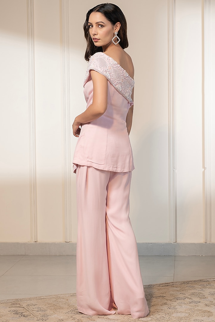 Pink Double Georgette Embellished Co-Ord Set by Saniya Sharma at Pernia's Pop Up Shop