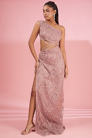 Mauve Polyester Bead Embellished One-Shoulder Gown by Saanjh by Lea