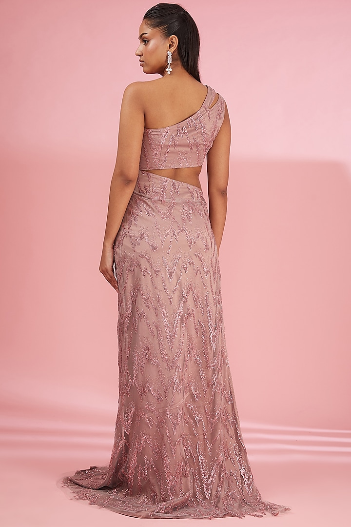 Mauve Polyester Bead Embellished One-Shoulder Party Wear Gown by Saanjh by Lea at Pernia's Pop Up Shop