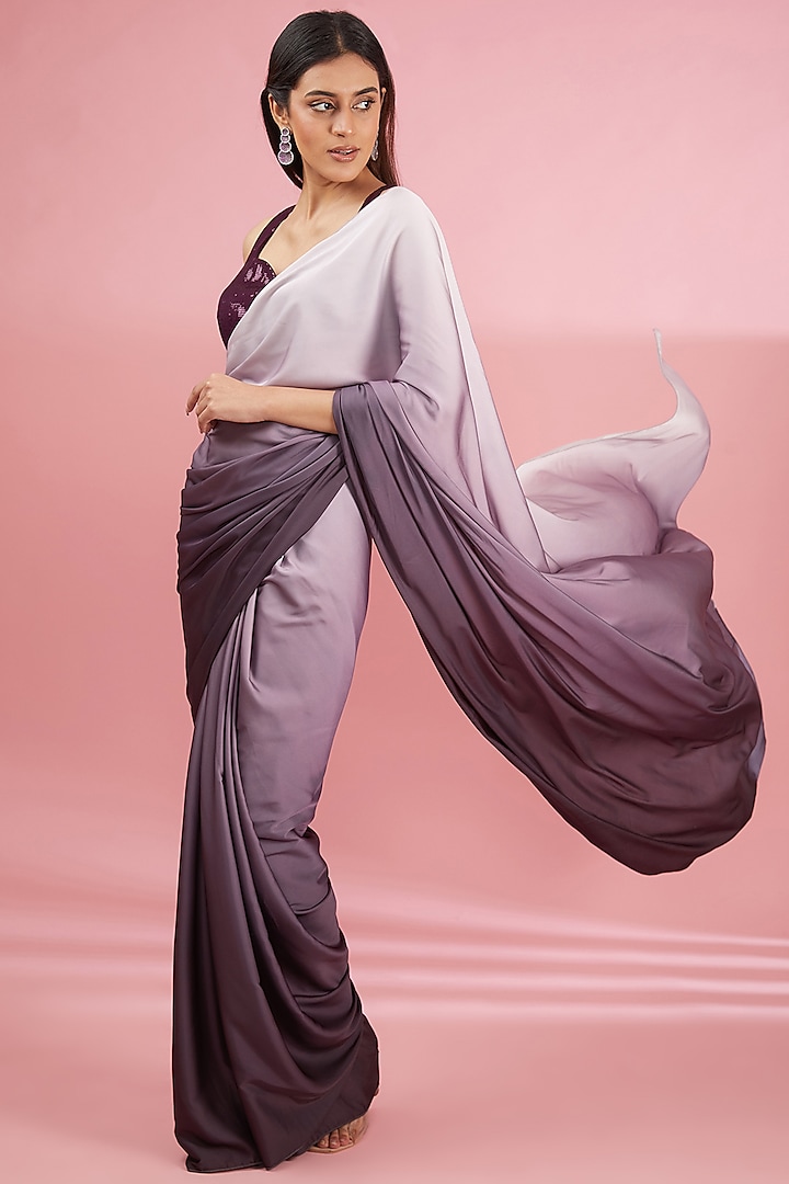 Purple Satin Pre-Draped Ombre Saree Set by Saanjh by Lea