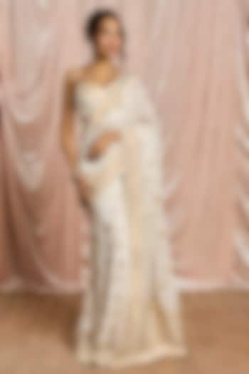 White Banarasi Georgette Pre-Draped Festive Saree Set by Saanjh by Lea at Pernia's Pop Up Shop