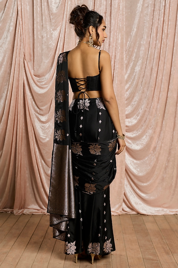 Black Banarasi Silk Blend Pre-Draped Party Wear Saree Set by Saanjh by Lea at Pernia's Pop Up Shop