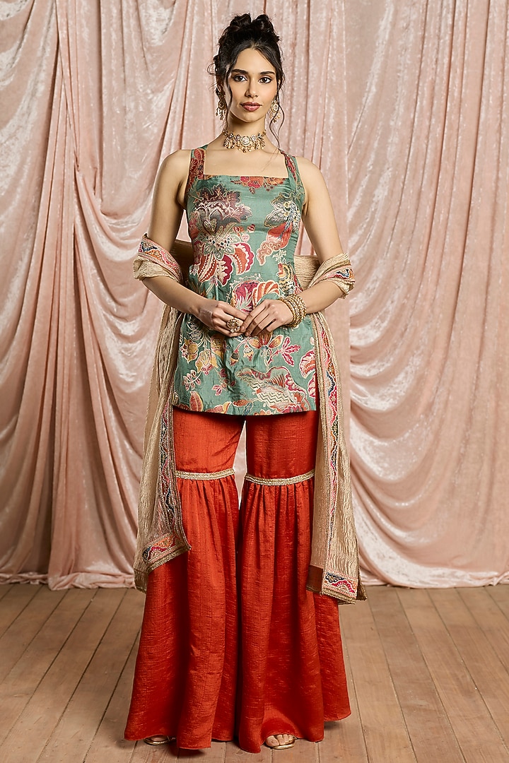 Rust Raw Silk Embellished Sharara Set by Saanjh by Lea at Pernia's Pop Up Shop