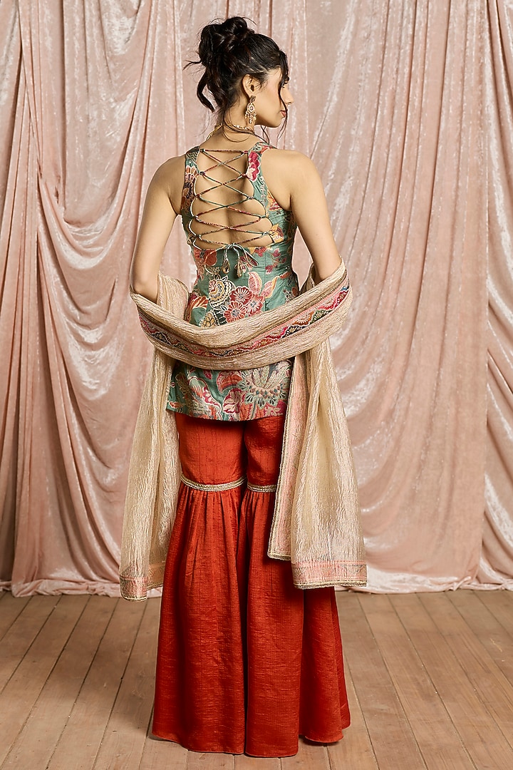 Rust Raw Silk Embellished Party Wear Sharara Set by Saanjh by Lea at Pernia's Pop Up Shop