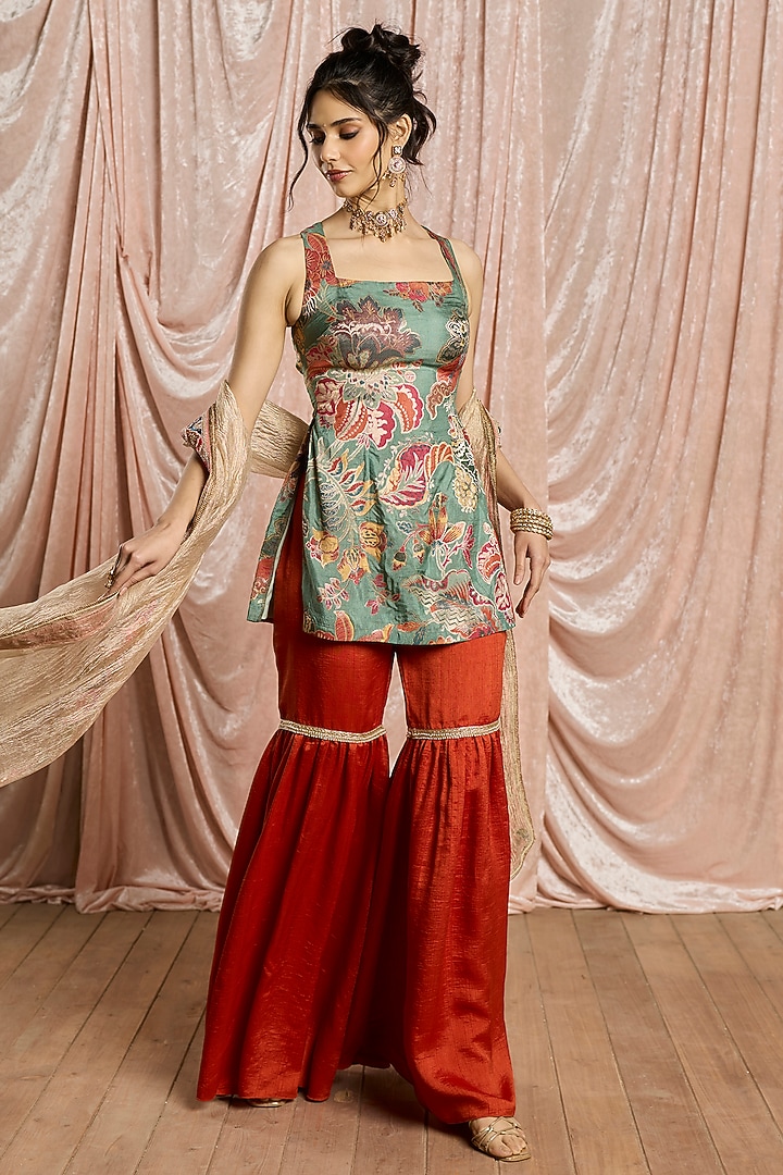 Rust Raw Silk Embellished Party Wear Sharara Set by Saanjh by Lea at Pernia's Pop Up Shop