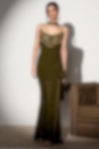 Olive Blended Textured Fabric Embroidered Sharara Set by Saanjh by Lea at Pernia's Pop Up Shop