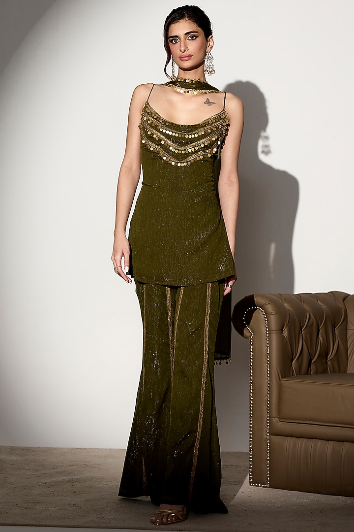 Olive Blended Textured Fabric Embroidered Sharara Set by Saanjh by Lea at Pernia's Pop Up Shop