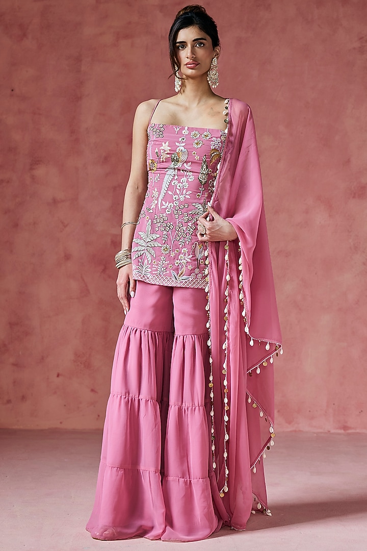 Pink Georgette Sharara Set by Saanjh by Lea at Pernia's Pop Up Shop