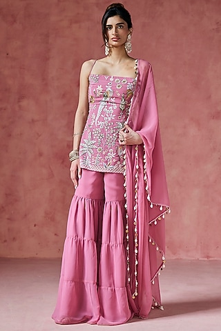 Pink Georgette Sharara Set by Saanjh by Lea