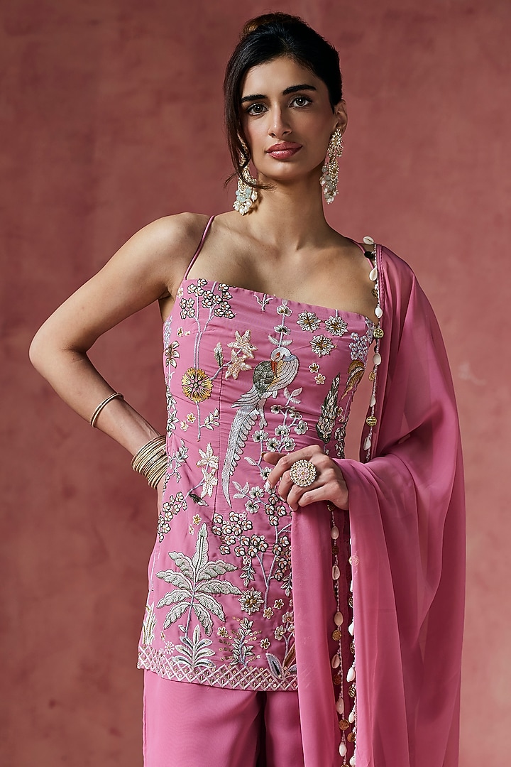 Pink Georgette Sharara Set by Saanjh by Lea at Pernia's Pop Up Shop