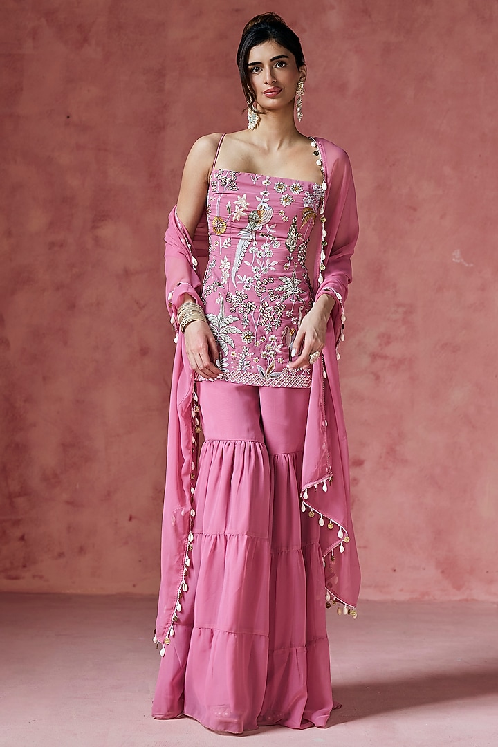 Pink Georgette Sharara Set by Saanjh by Lea at Pernia's Pop Up Shop